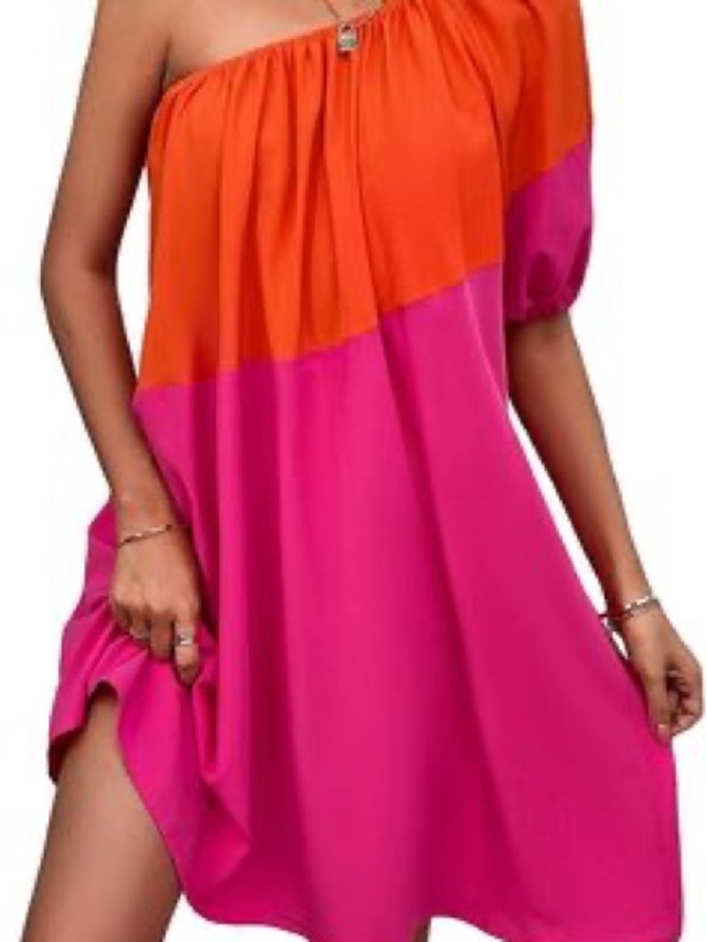 One-Shoulder Colorblock Mini Dress - Orange & Hot Pink
